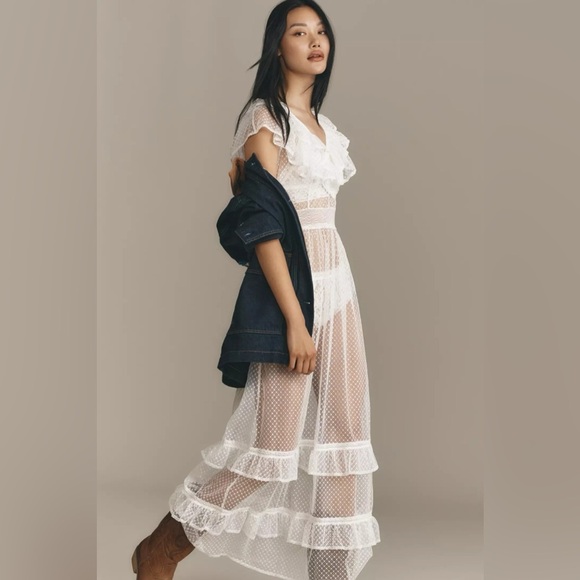 🤍 ANTHROPOLOGIE White Ruffle Sheer Mesh Maxi Dress Small Petite SP - Picture 2 of 15